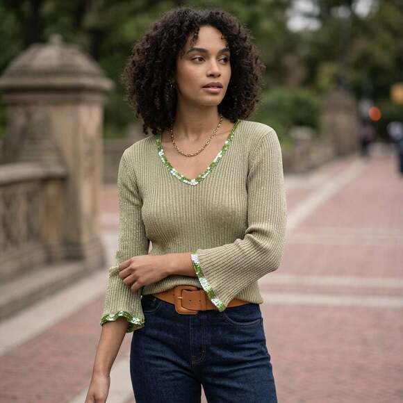 Fuse Sweaters - Fuse Silk Metallic Ribbed Knit Top with Green Sequin Trim Size M